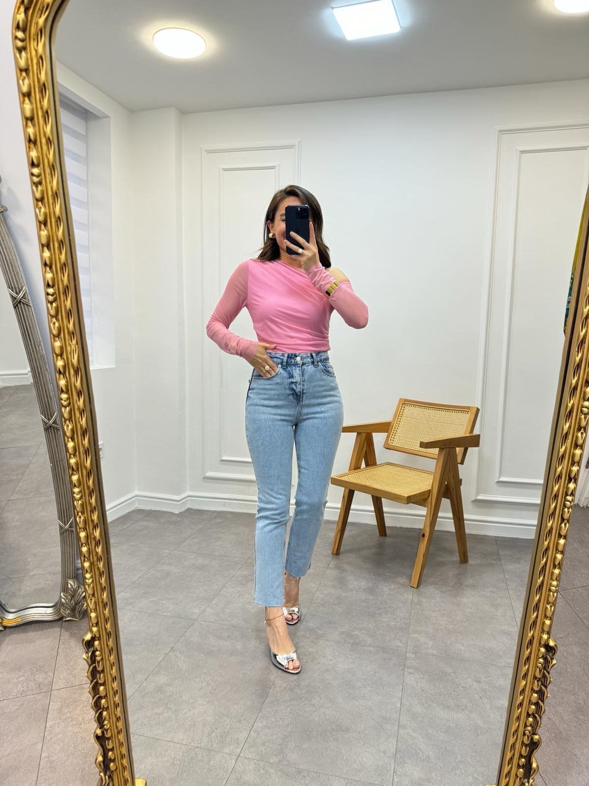 Pembe Tek Omuz Detaylı Yan Drapeli Tül Crop 2901