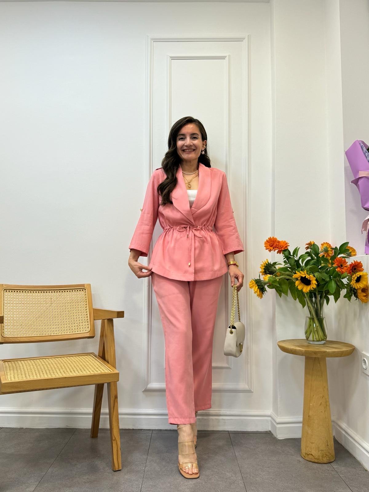 Pembe Tensel Kumaş Bel Bağlamalı Ceket Pantolon Takım 0514