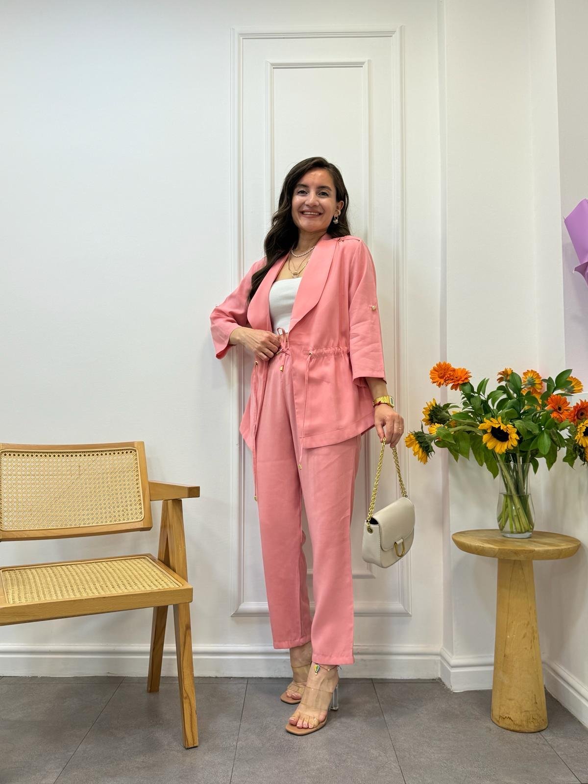 Pembe Tensel Kumaş Bel Bağlamalı Ceket Pantolon Takım 0514