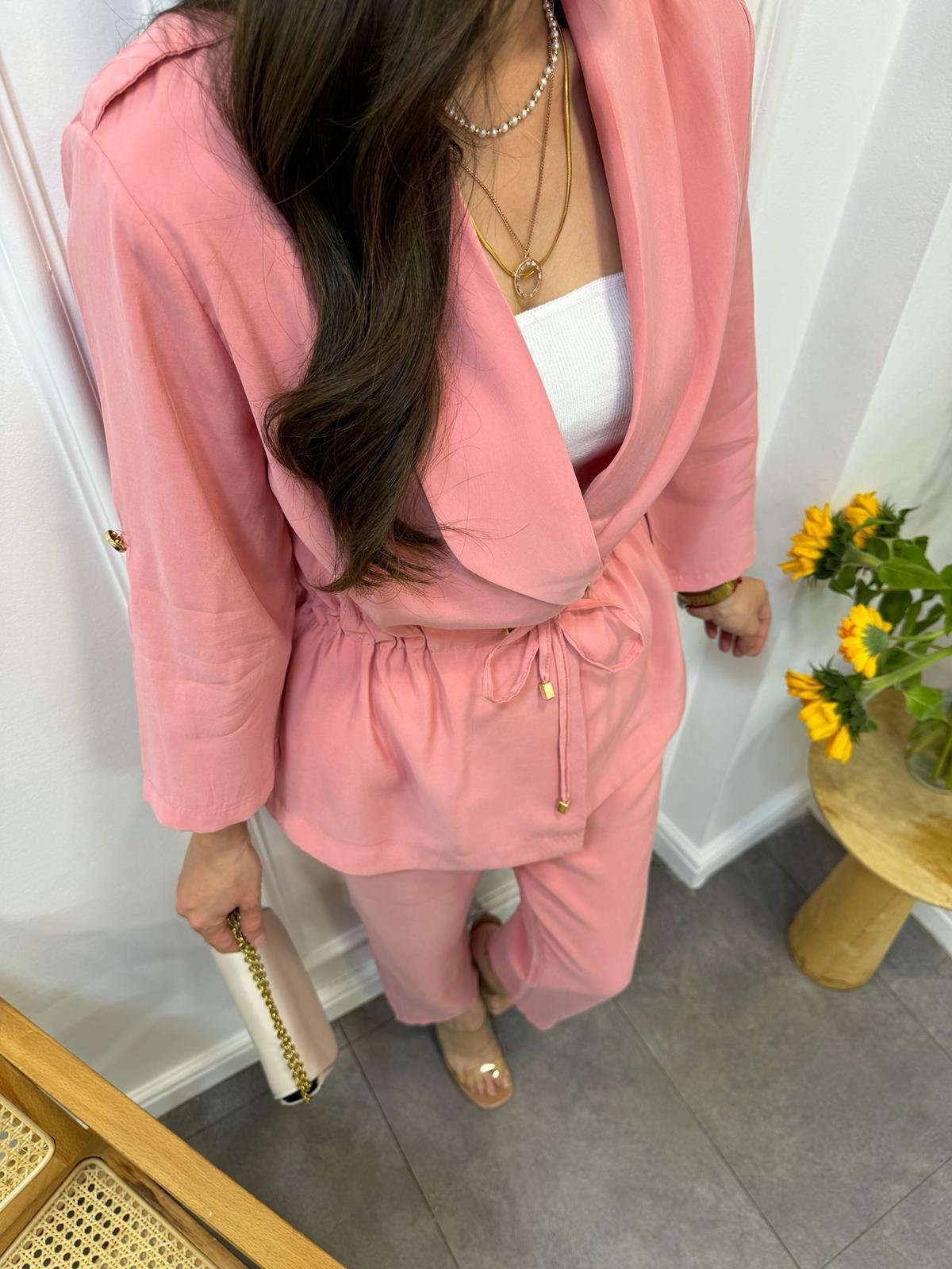 Pembe Tensel Kumaş Bel Bağlamalı Ceket Pantolon Takım 0514