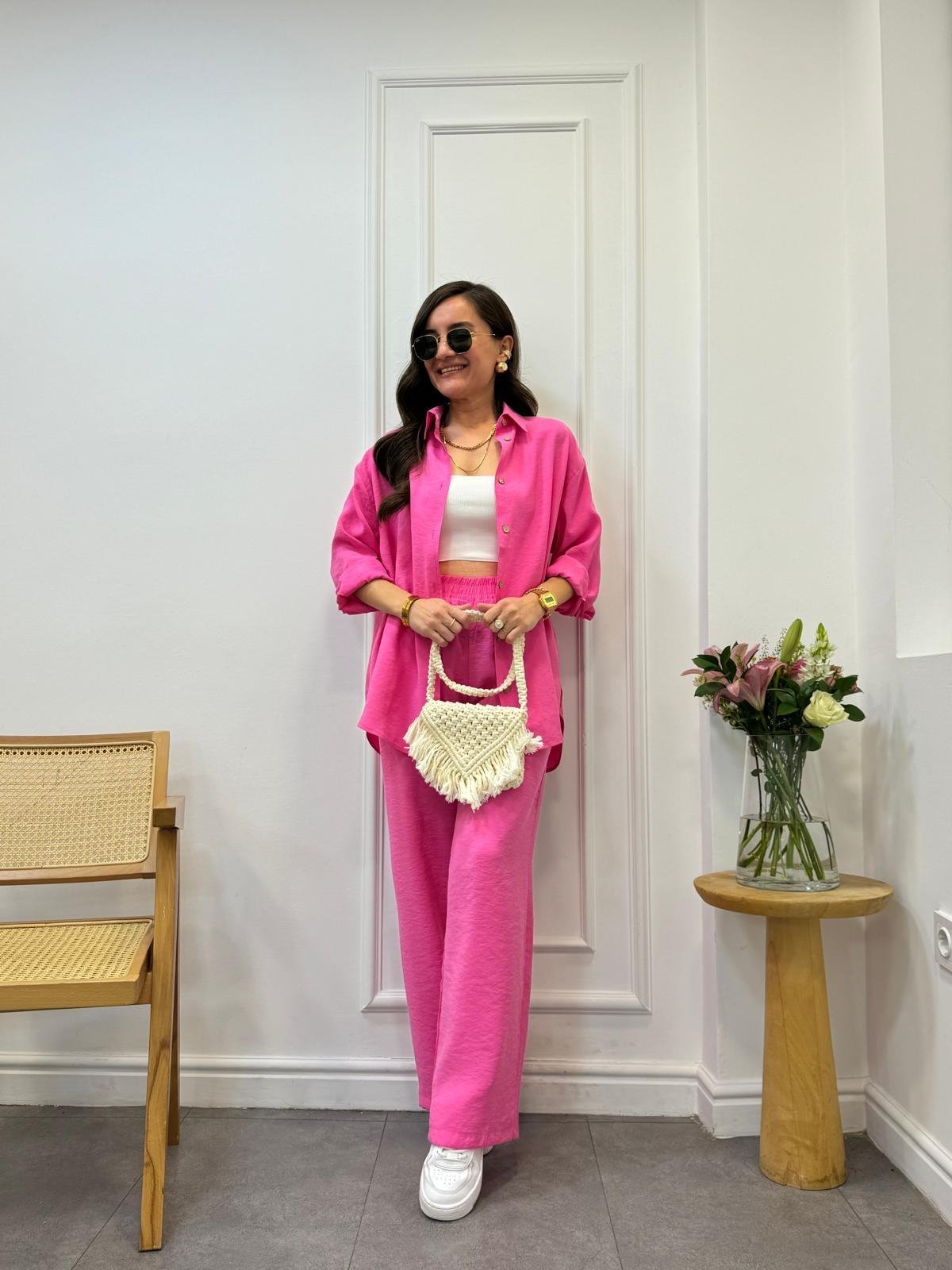 Pembe Tensel Kumaş Orjinal Marka Gömlek Pantolon Takım 13084