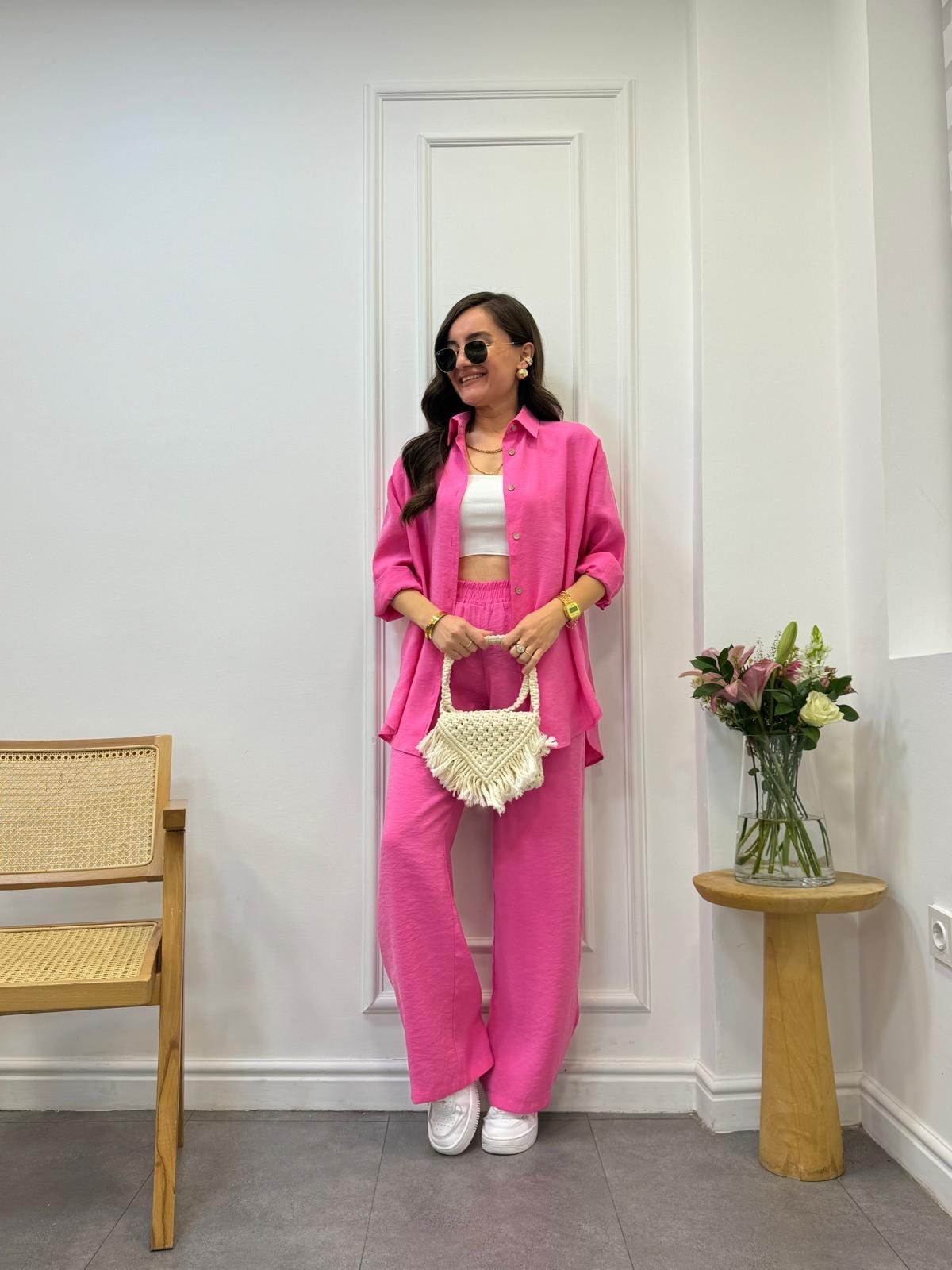 Pembe Tensel Kumaş Orjinal Marka Gömlek Pantolon Takım 13084