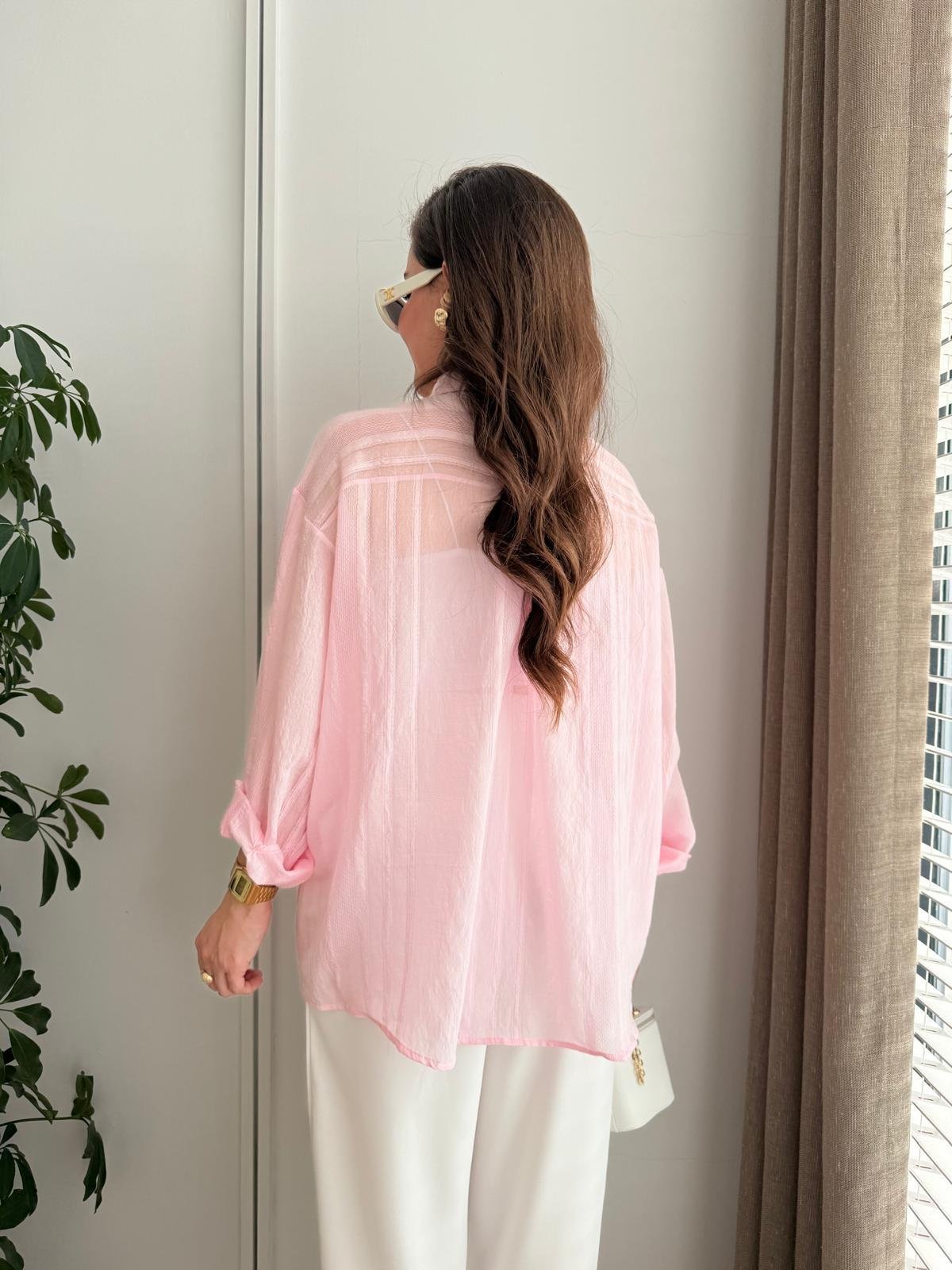 Pembe Transparan Oversize Gömlek 4914