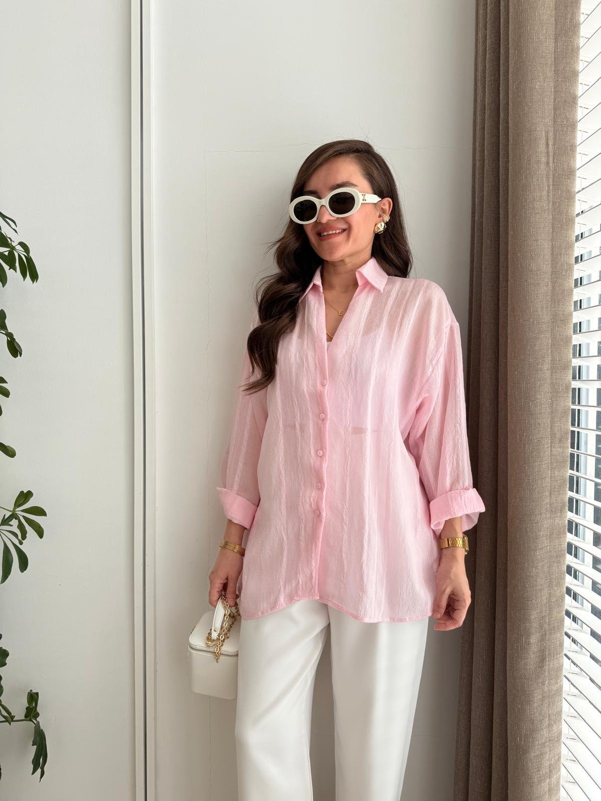 Pembe Transparan Oversize Gömlek 4914