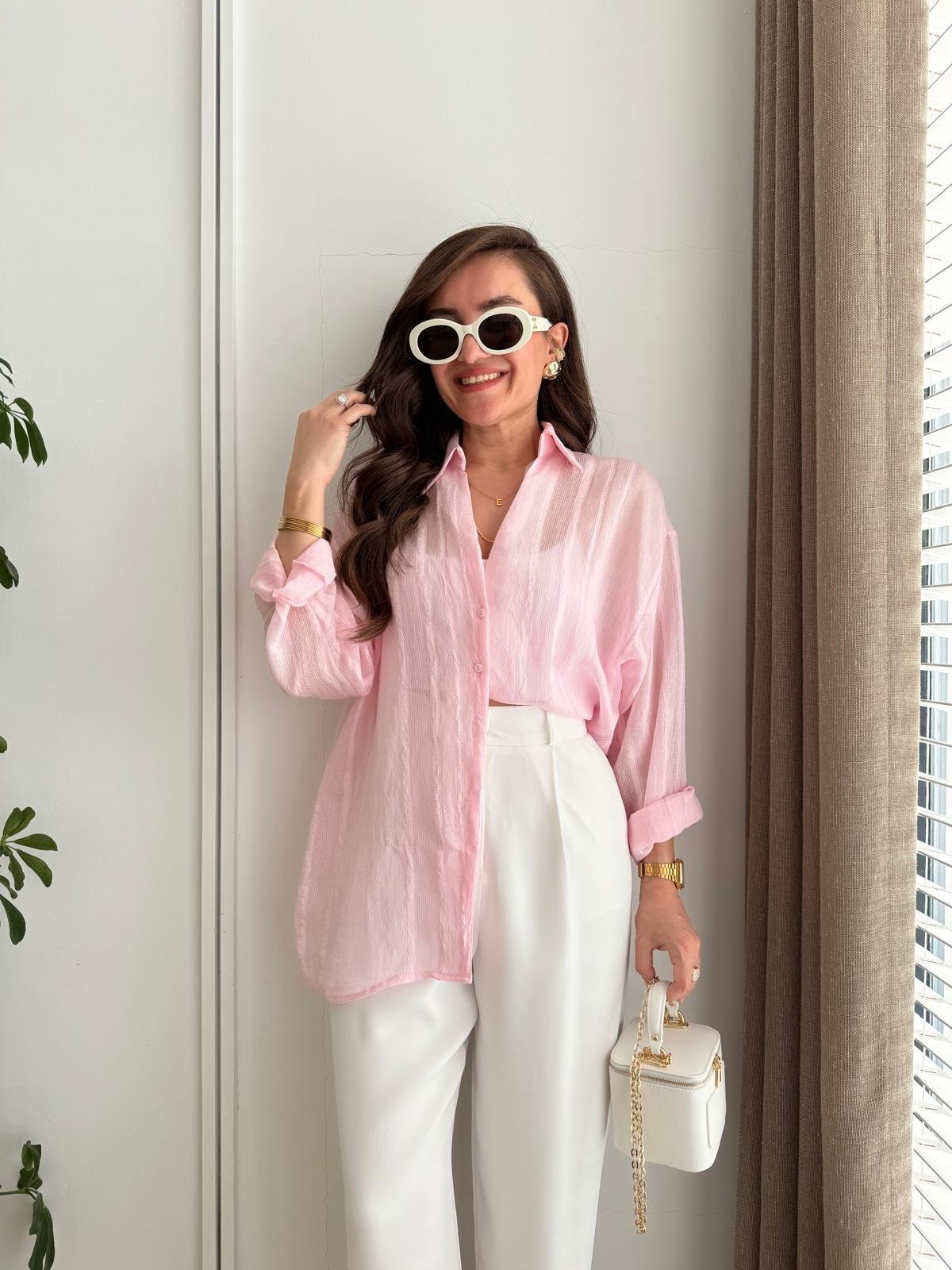 Pembe Transparan Oversize Gömlek 4914
