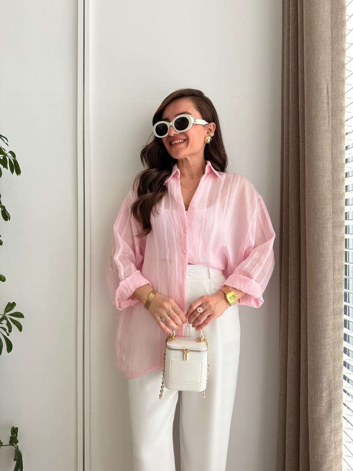 Pembe Transparan Oversize Gömlek 4914