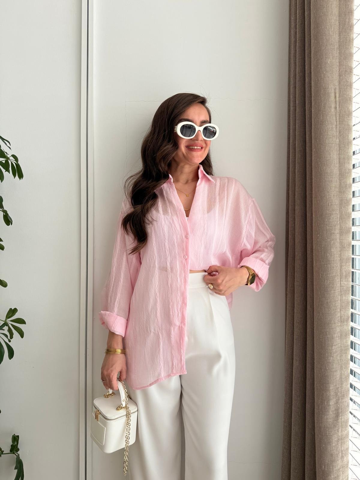 Pembe Transparan Oversize Gömlek 4914