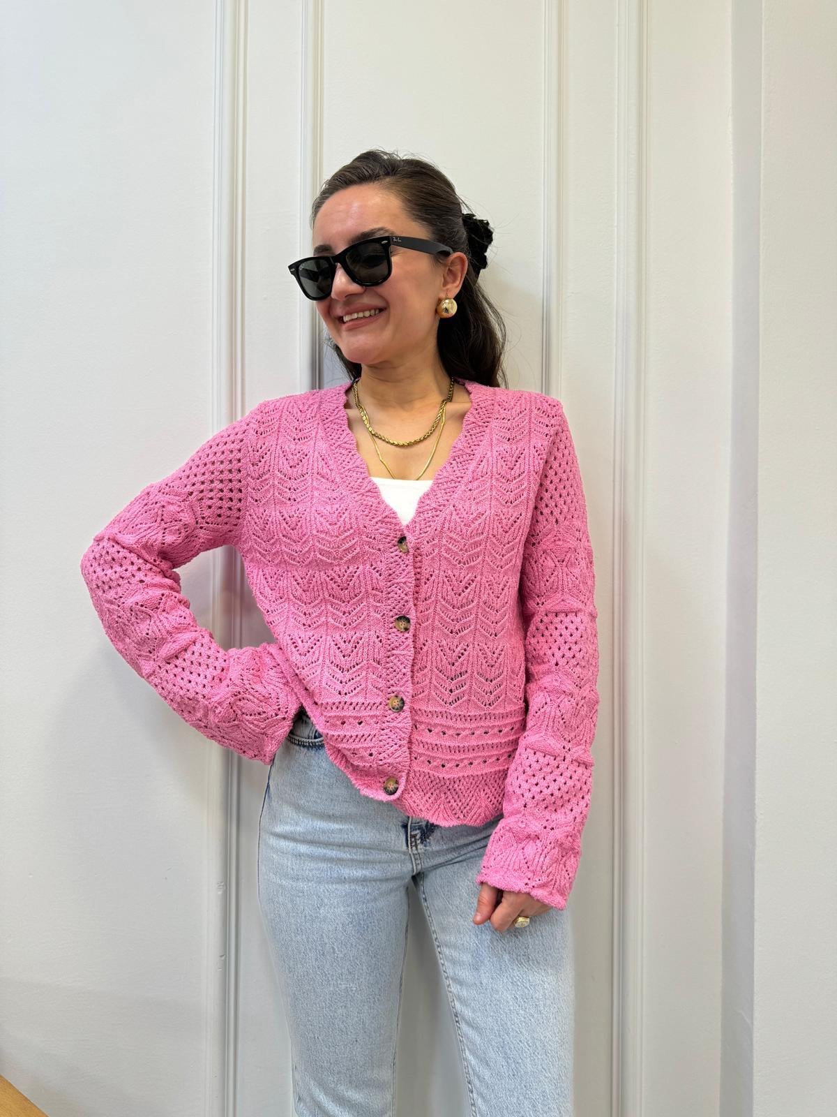 Pembe V Yaka Ajurlu Örme Triko Hırka 4441
