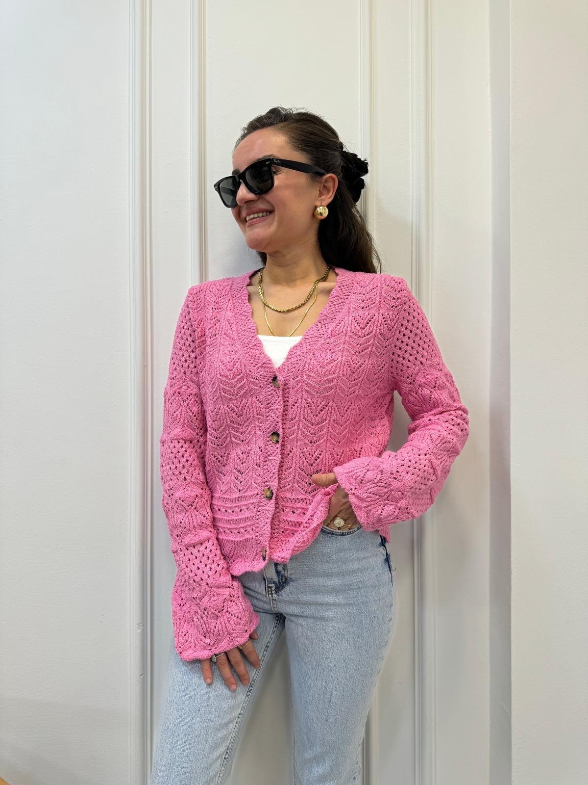 Pembe V Yaka Ajurlu Örme Triko Hırka 4441