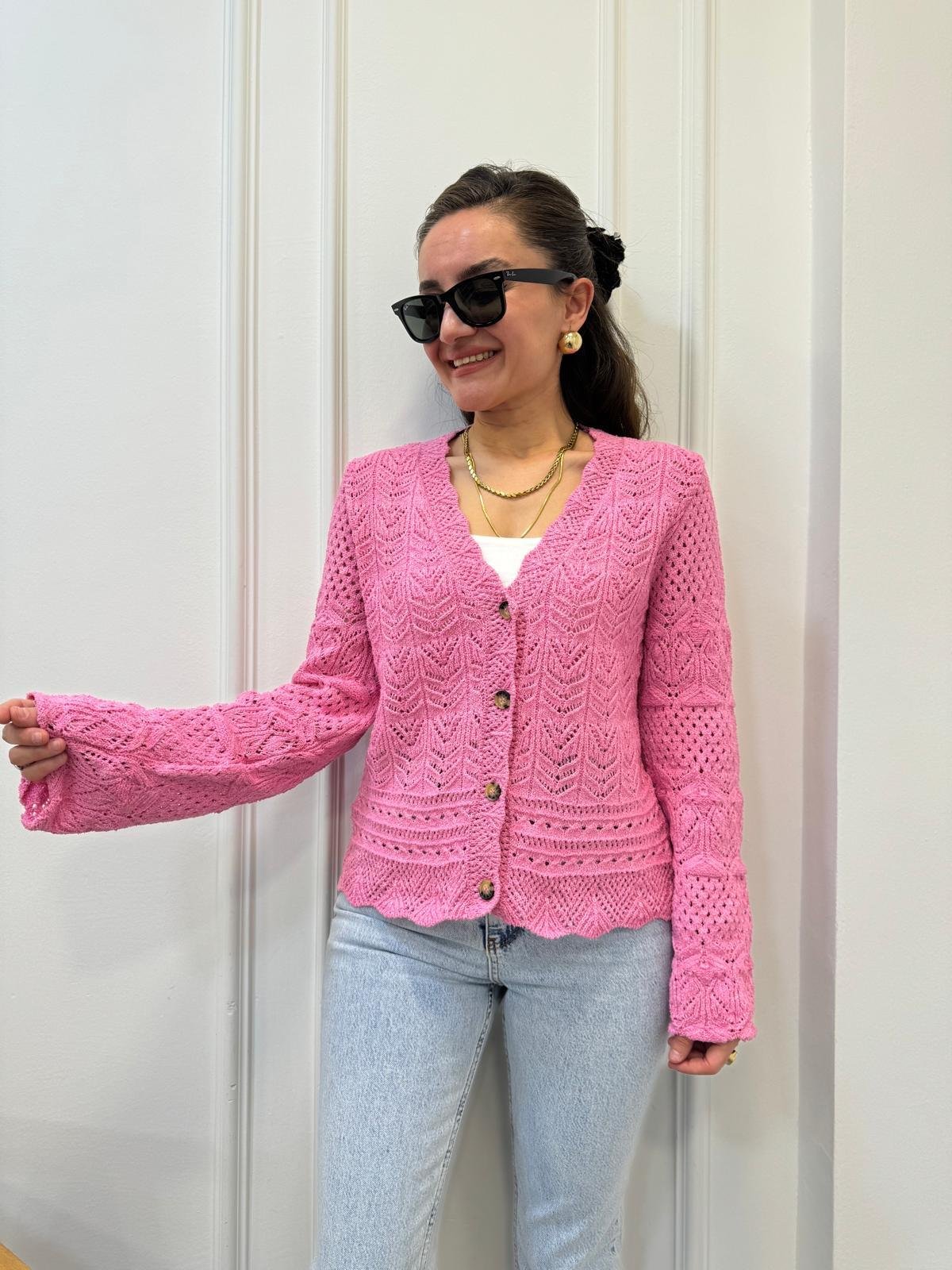 Pembe V Yaka Ajurlu Örme Triko Hırka 4441