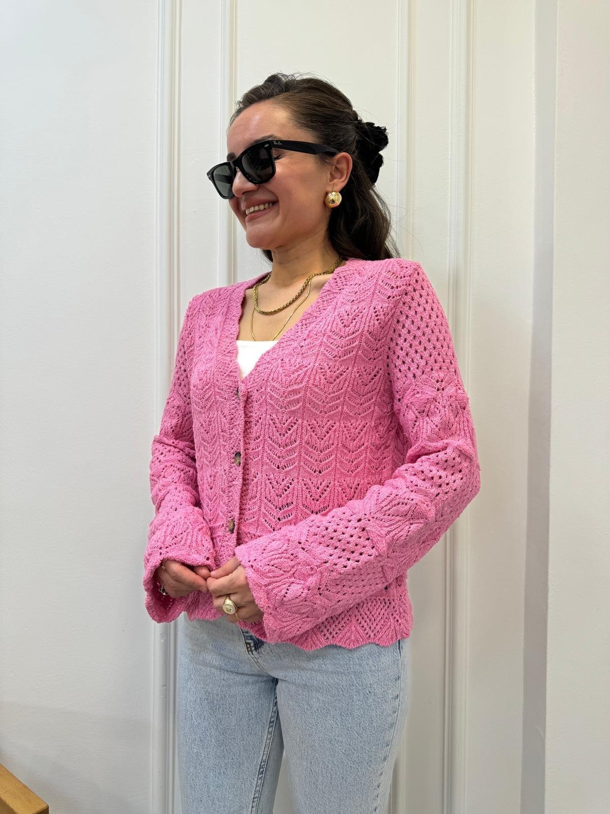Pembe V Yaka Ajurlu Örme Triko Hırka 4441