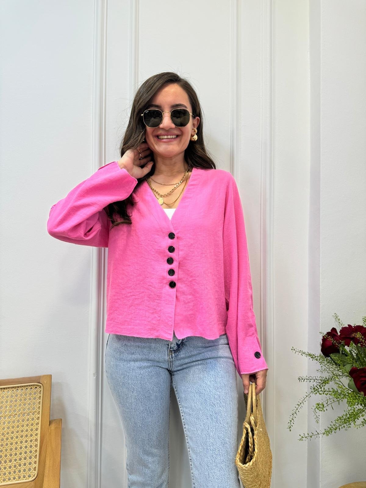 Pembe V Yaka Düğme Detaylı Keten Ceket 58877