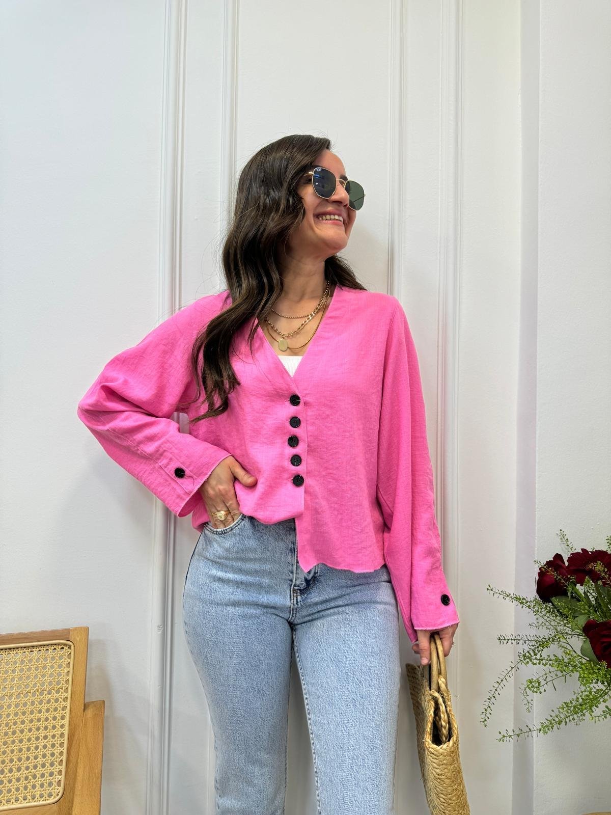 Pembe V Yaka Düğme Detaylı Keten Ceket 58877