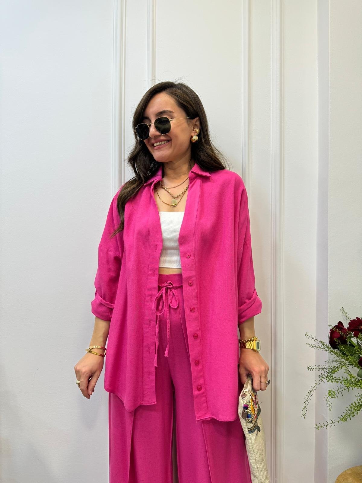 Pembe V Yaka Düğmeli Tasarım Pantolon Gömlek Takım 0105