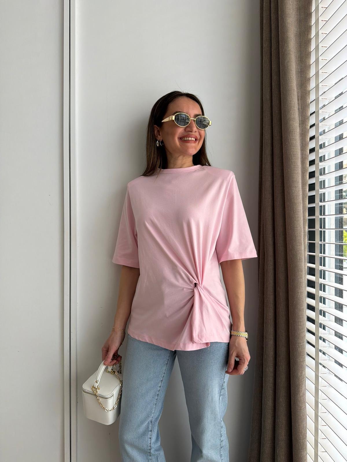 Pembe Vatkalı Düğüm Detaylı Tshirt 1067