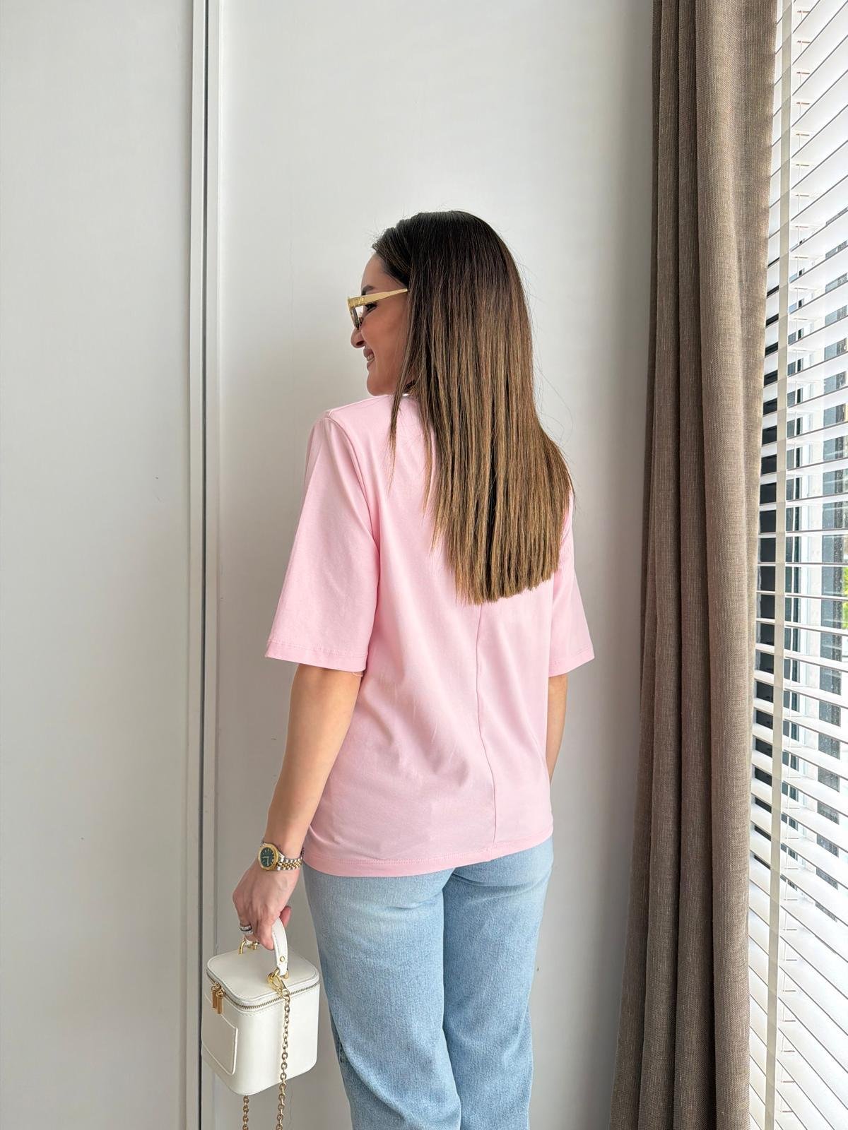 Pembe Vatkalı Düğüm Detaylı Tshirt 1067