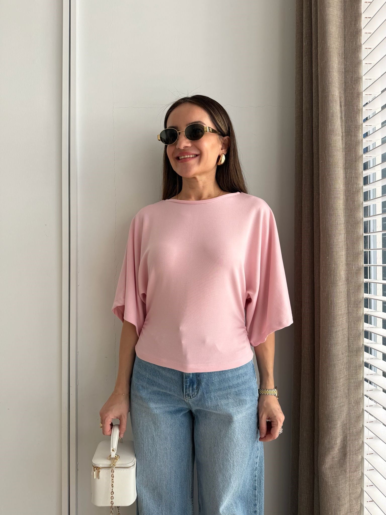 Pembe Yarasa Kol Yan Drapeli Bluz 1106