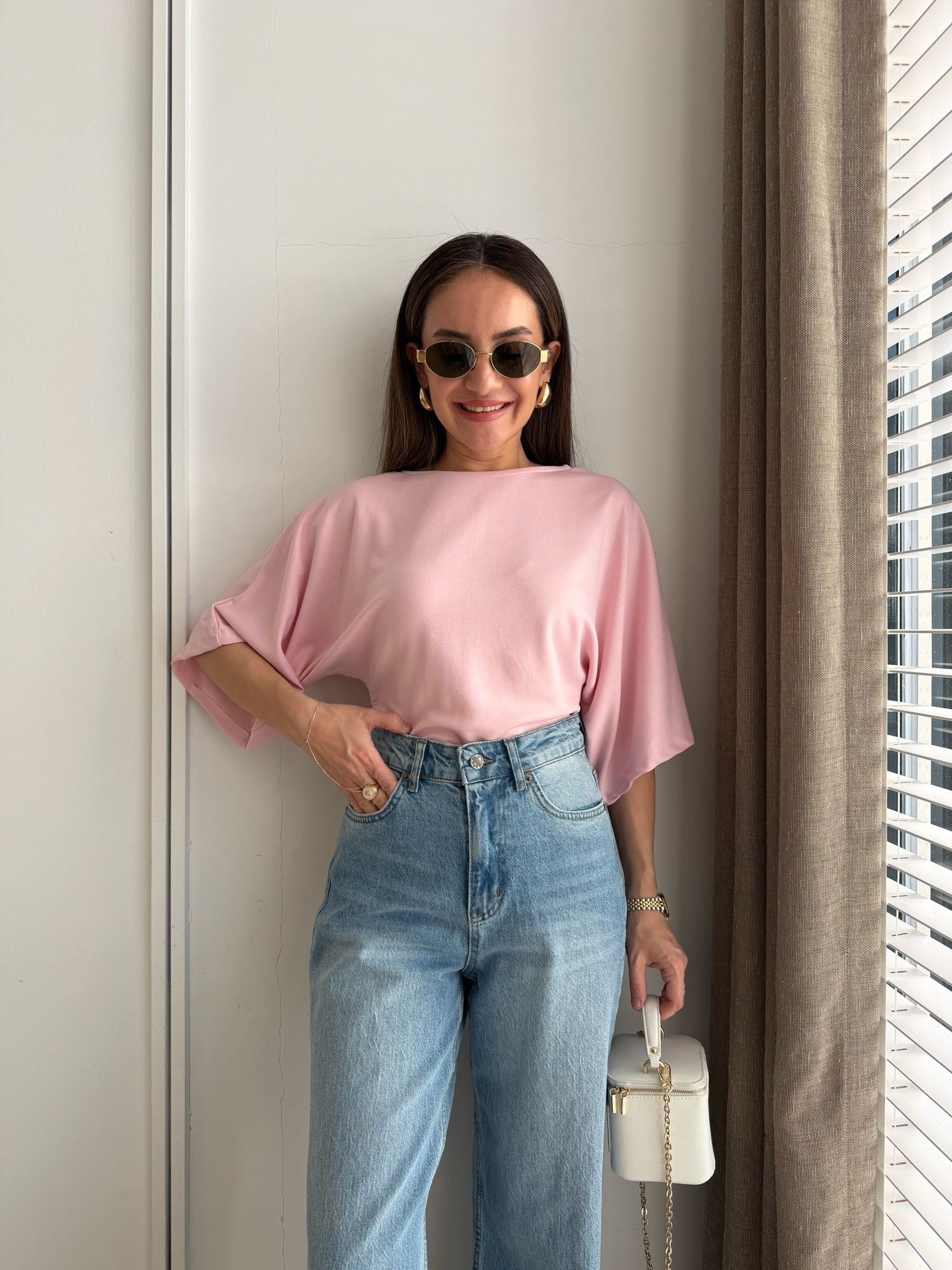 Pembe Yarasa Kol Yan Drapeli Bluz 1106