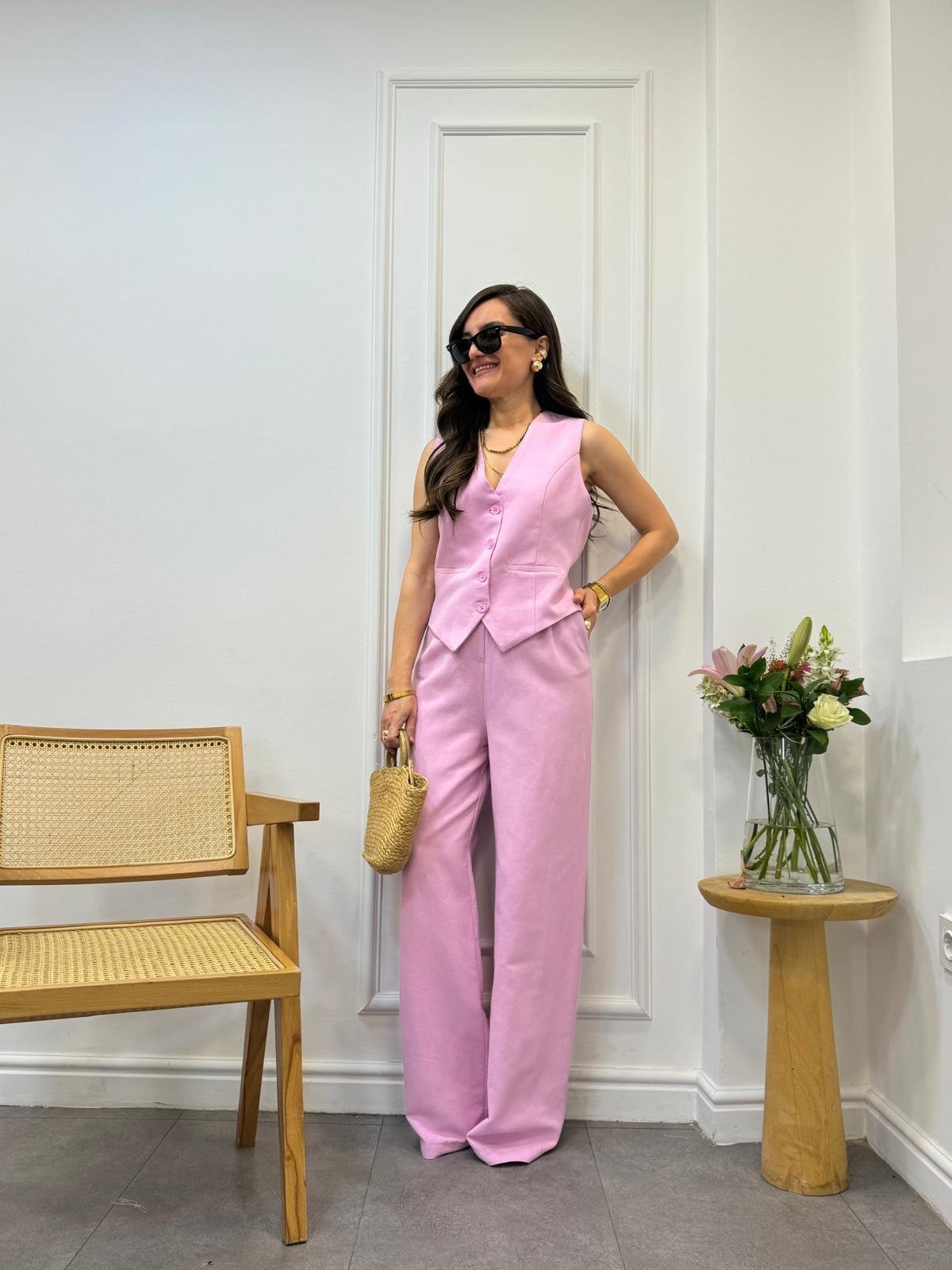 Pembe Yelek Pantolon Keten Takım 9257