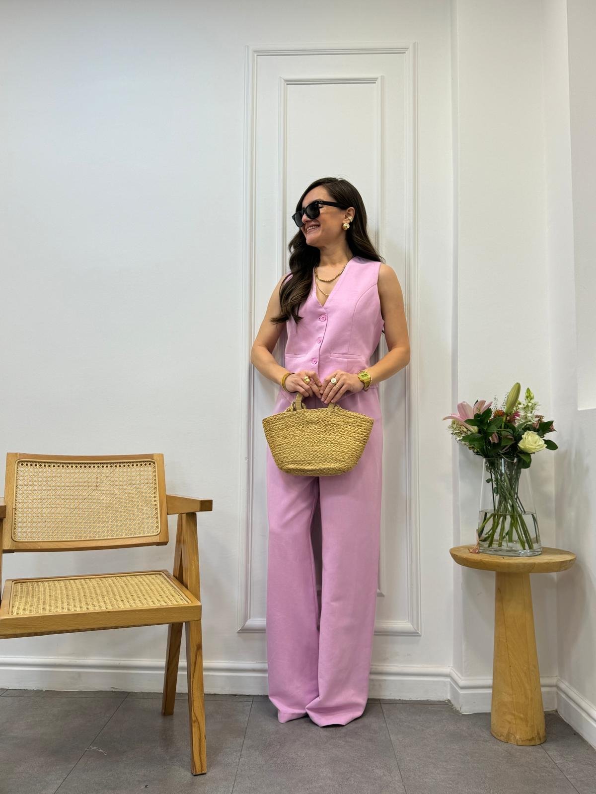 Pembe Yelek Pantolon Keten Takım 9257
