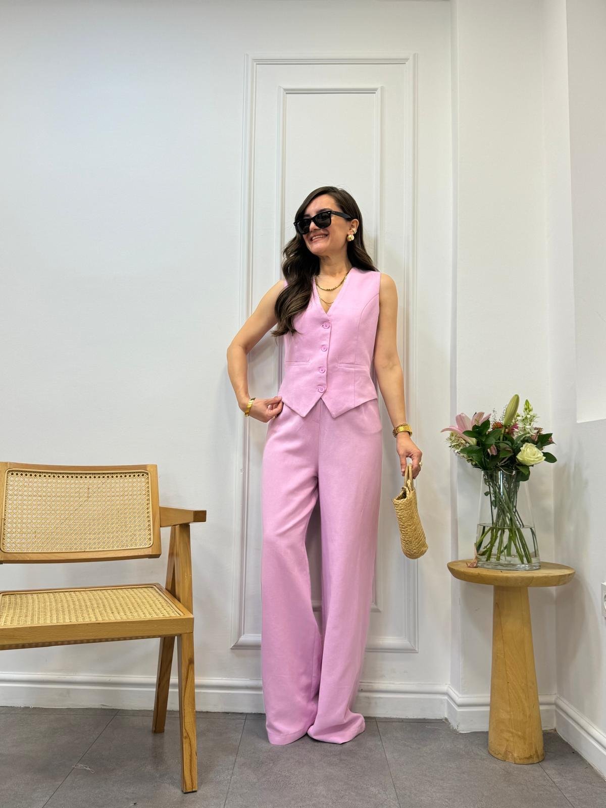 Pembe Yelek Pantolon Keten Takım 9257