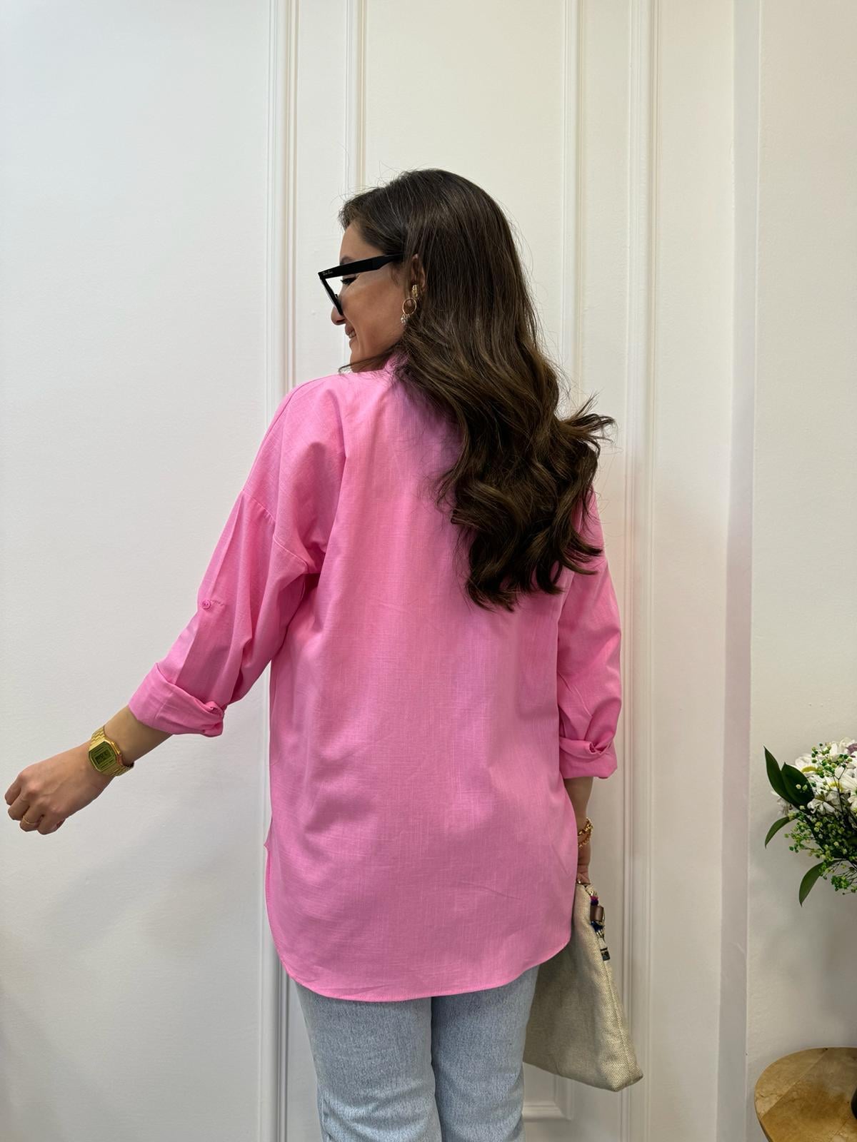 Pembe Yıldız Nakış Detaylı Tek Cepli Gömlek 1036