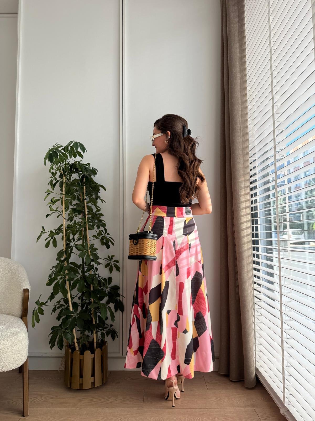 Renkli Desenli Pileli Poplin Etek 36442