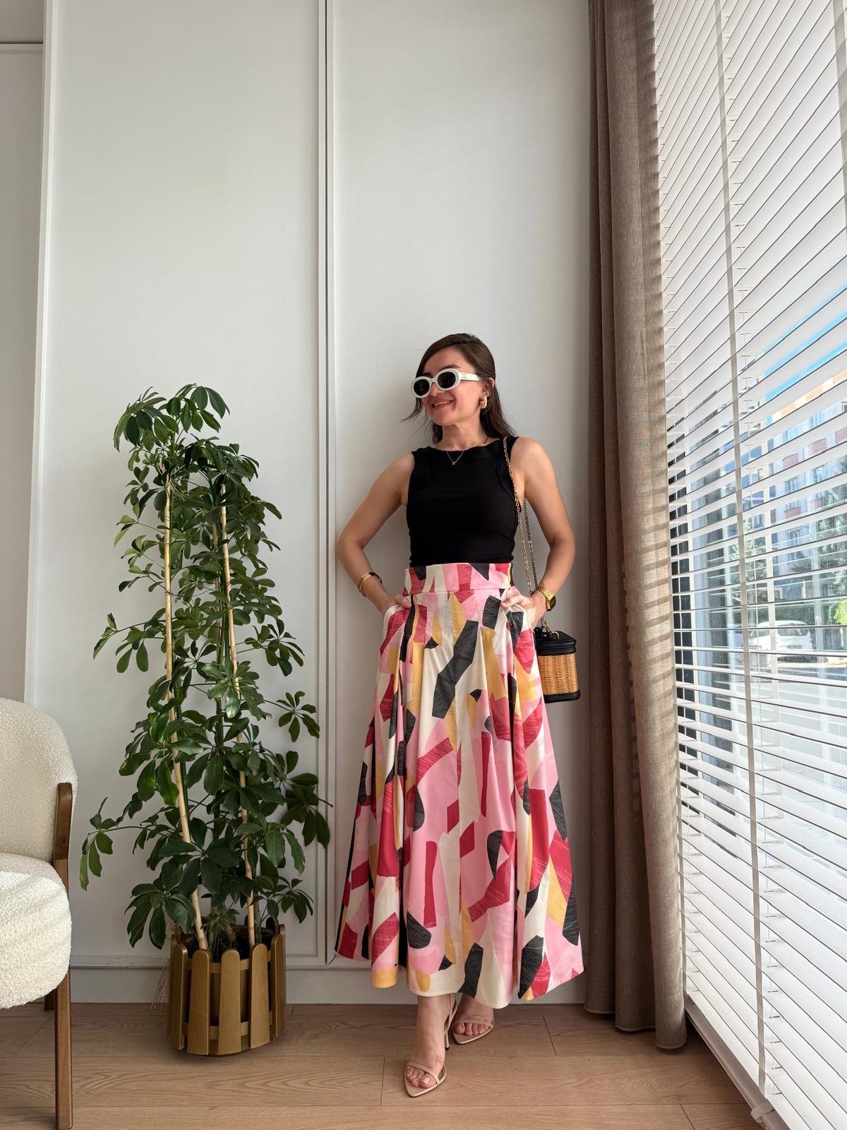 Renkli Desenli Pileli Poplin Etek 36442