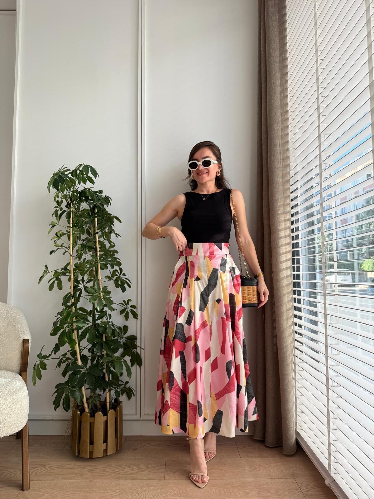 Renkli Desenli Pileli Poplin Etek 36442