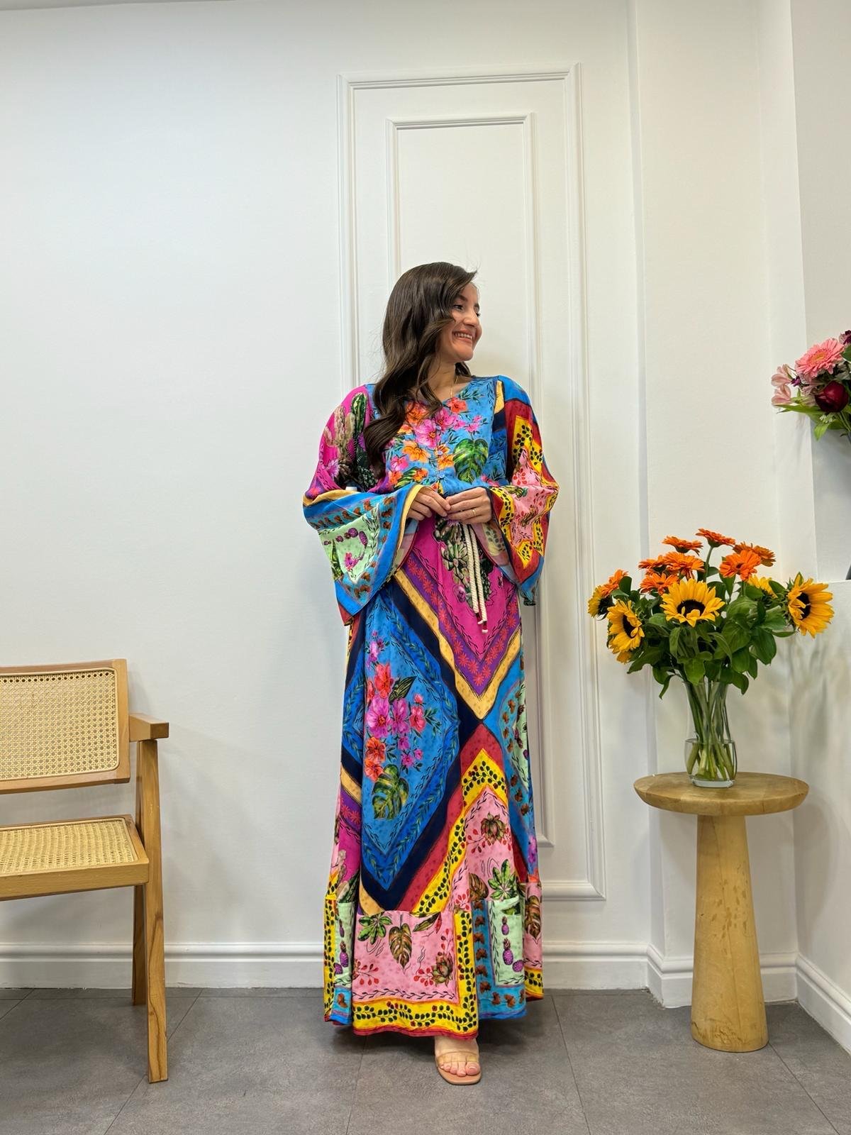 Renkli Patchwork Desen Önü Düğmeli Maxi Boy Elbise 004