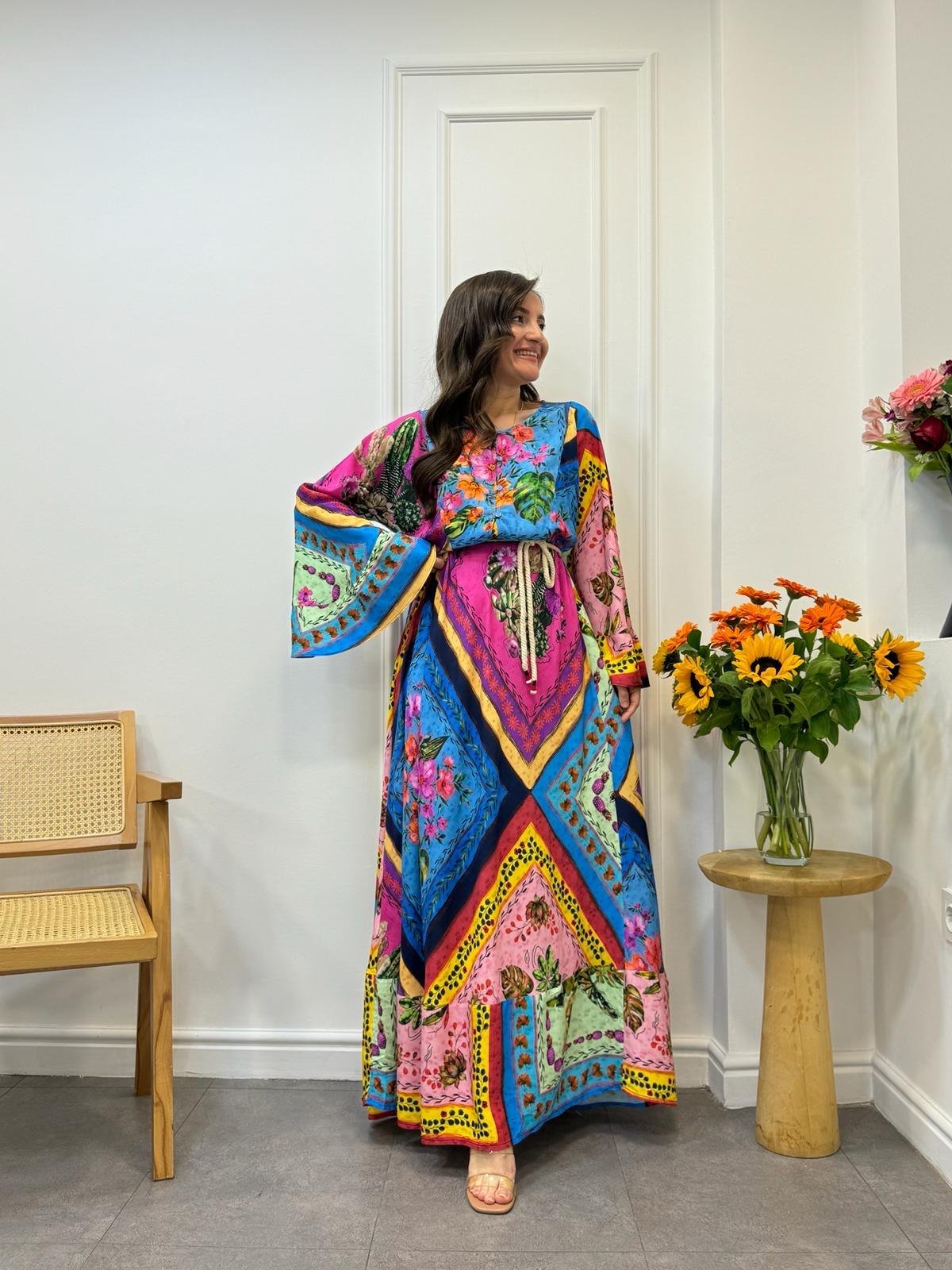 Renkli Patchwork Desen Önü Düğmeli Maxi Boy Elbise 004