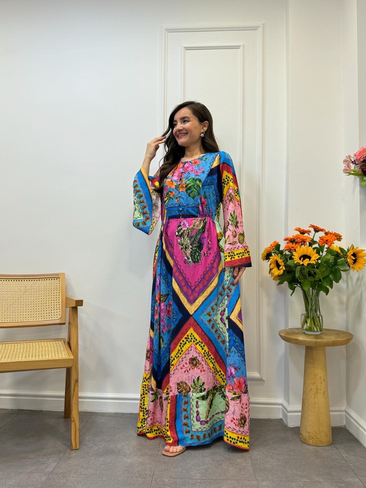 Renkli Patchwork Desen Önü Düğmeli Maxi Boy Elbise 004