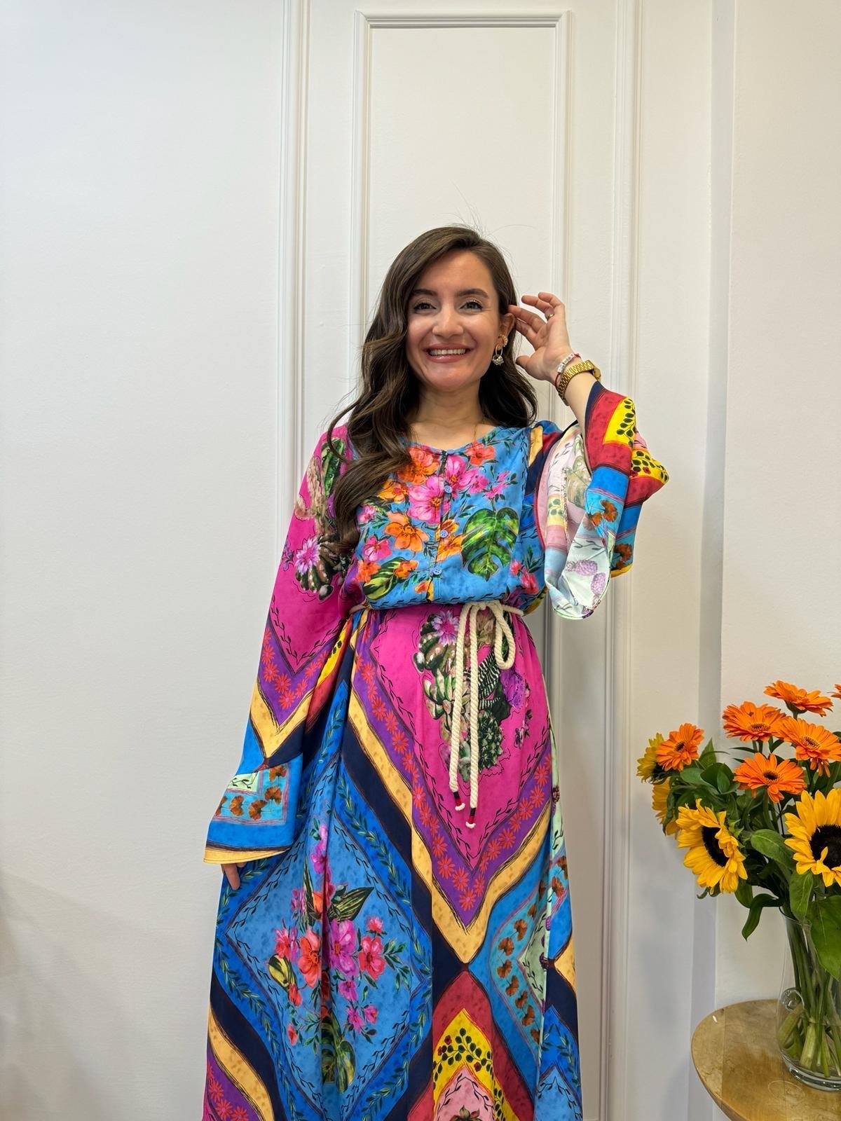 Renkli Patchwork Desen Önü Düğmeli Maxi Boy Elbise 004