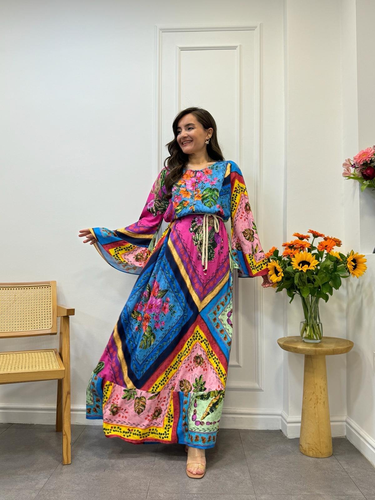 Renkli Patchwork Desen Önü Düğmeli Maxi Boy Elbise 004