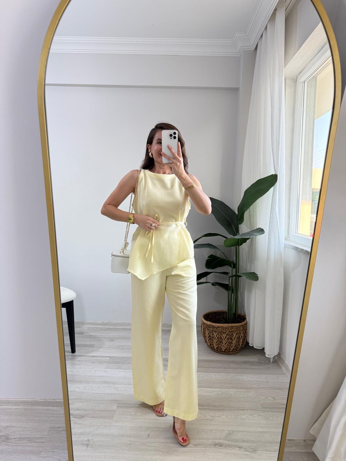 Sarı Asimetrik Kesim Bluz Pantolon Takım 8784