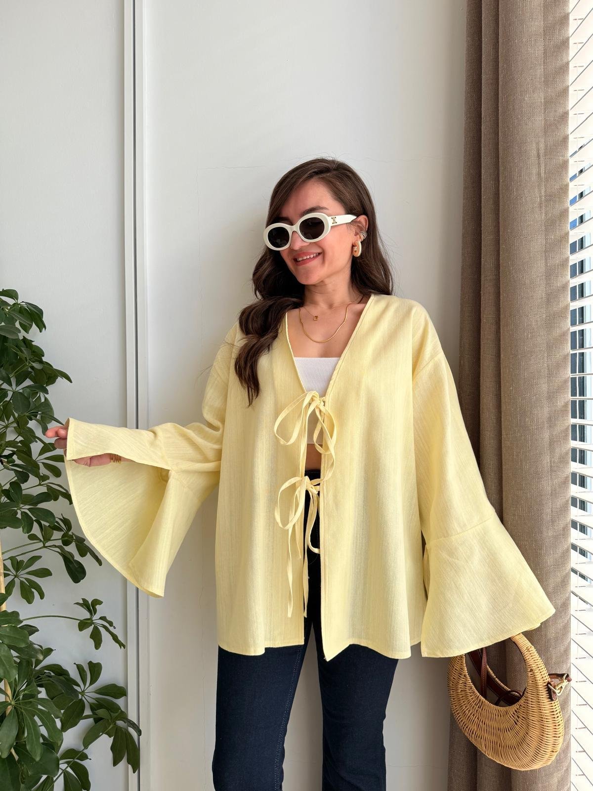 Sarı Bağlamalı Keten Kimono Ceket 5235