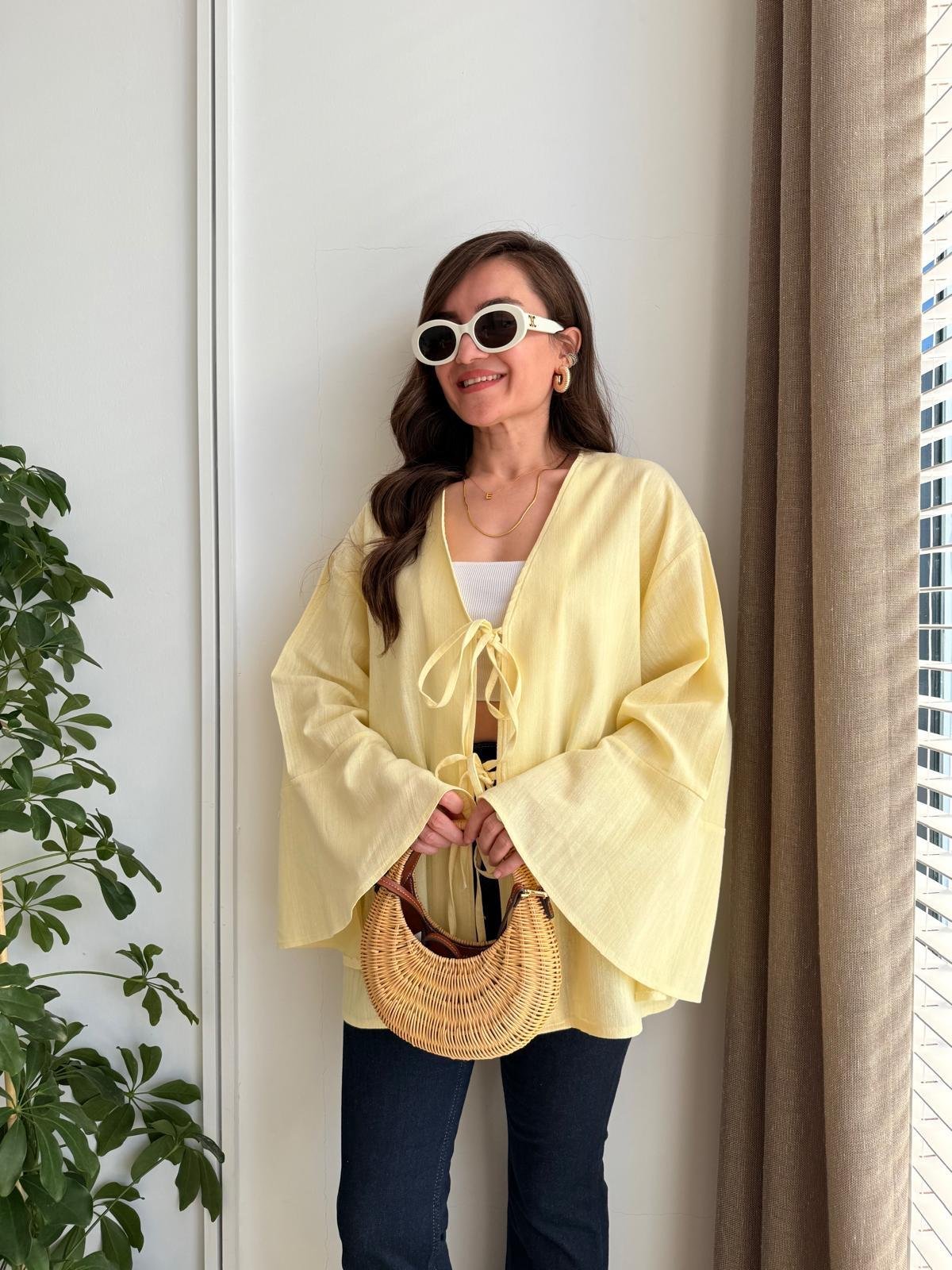 Sarı Bağlamalı Keten Kimono Ceket 5235