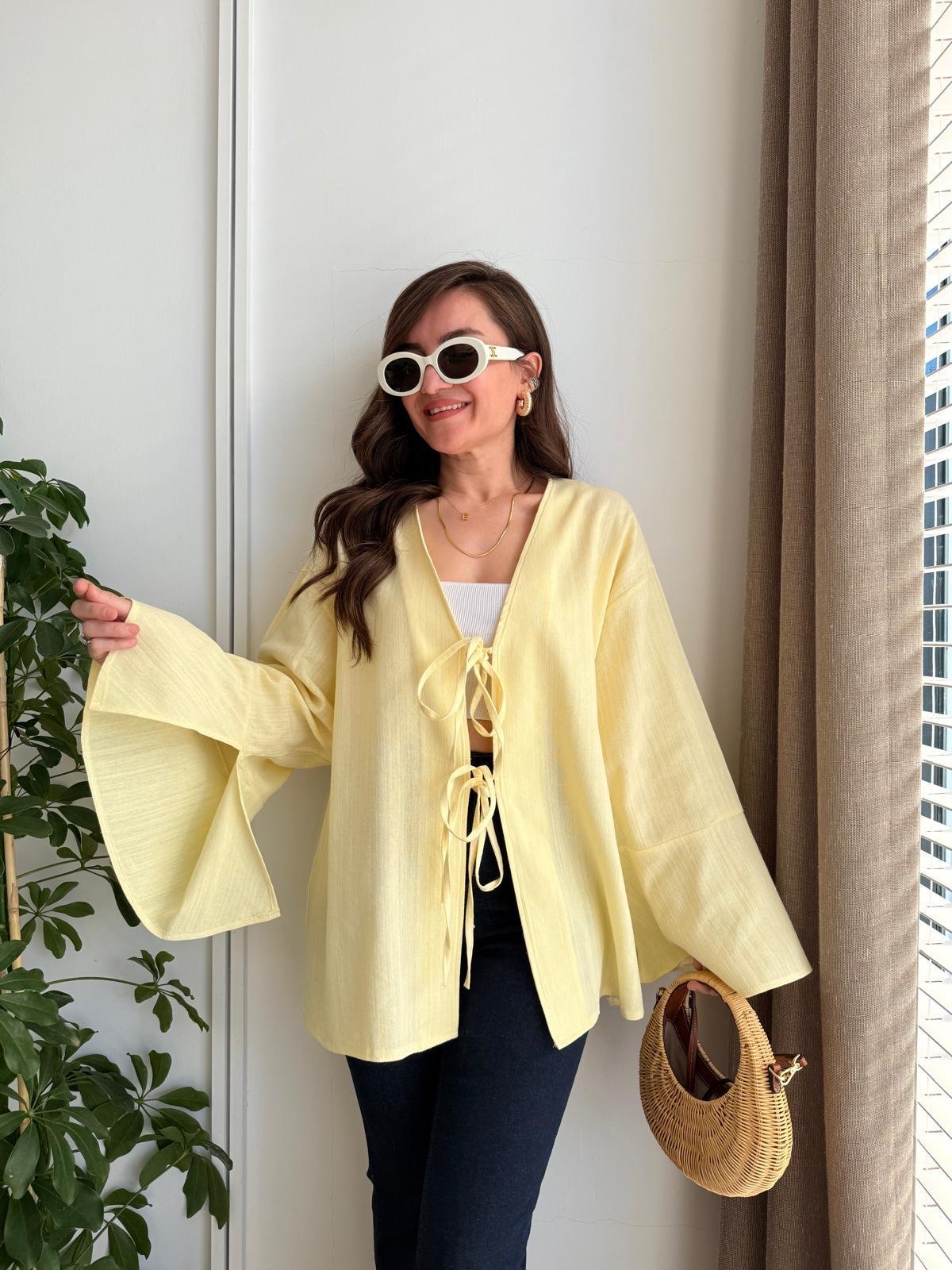 Sarı Bağlamalı Keten Kimono Ceket 5235