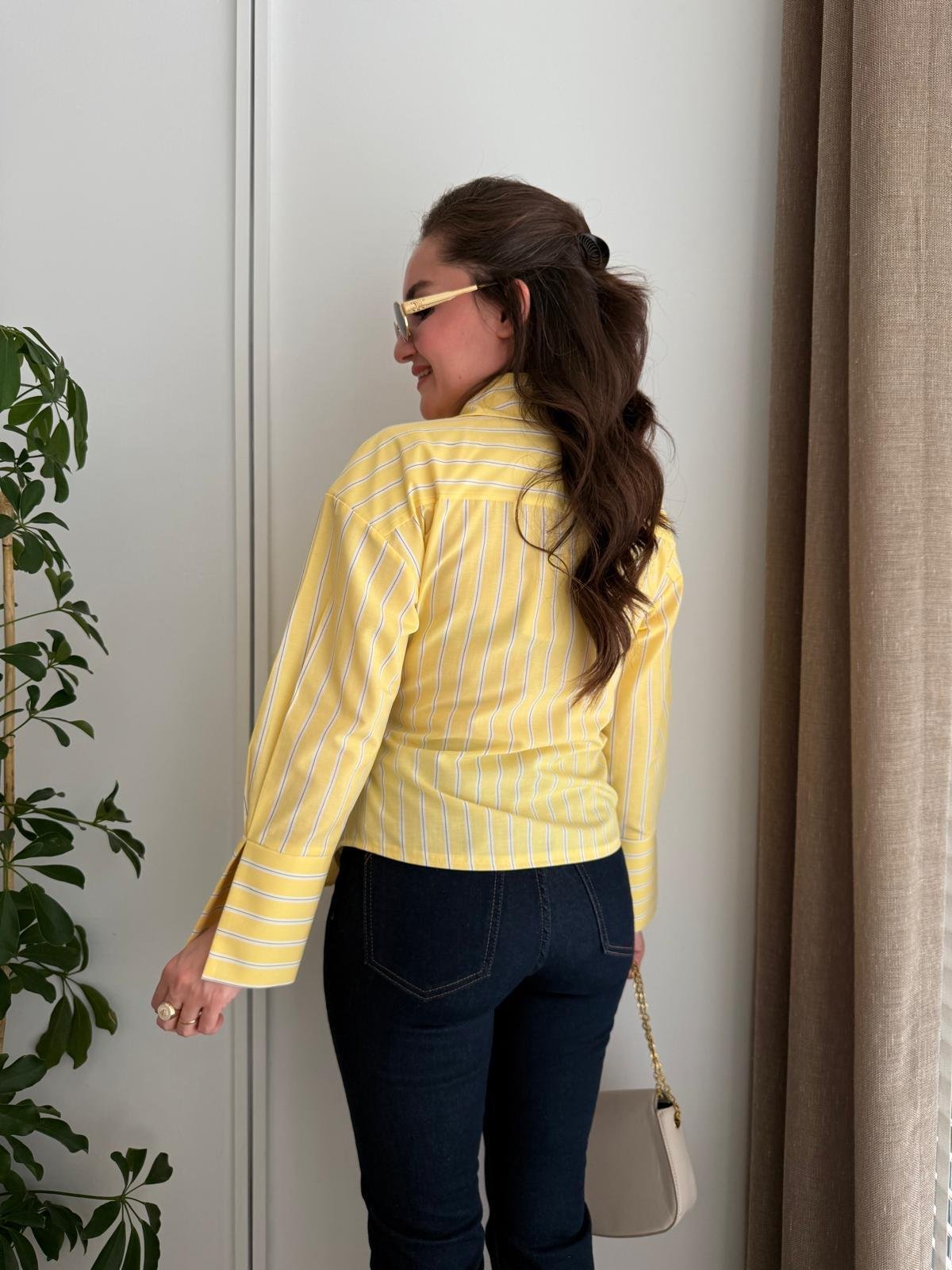 Sarı Çizgili Ön Bağlama Detaylı Gömlek Yaka Bluz 00129