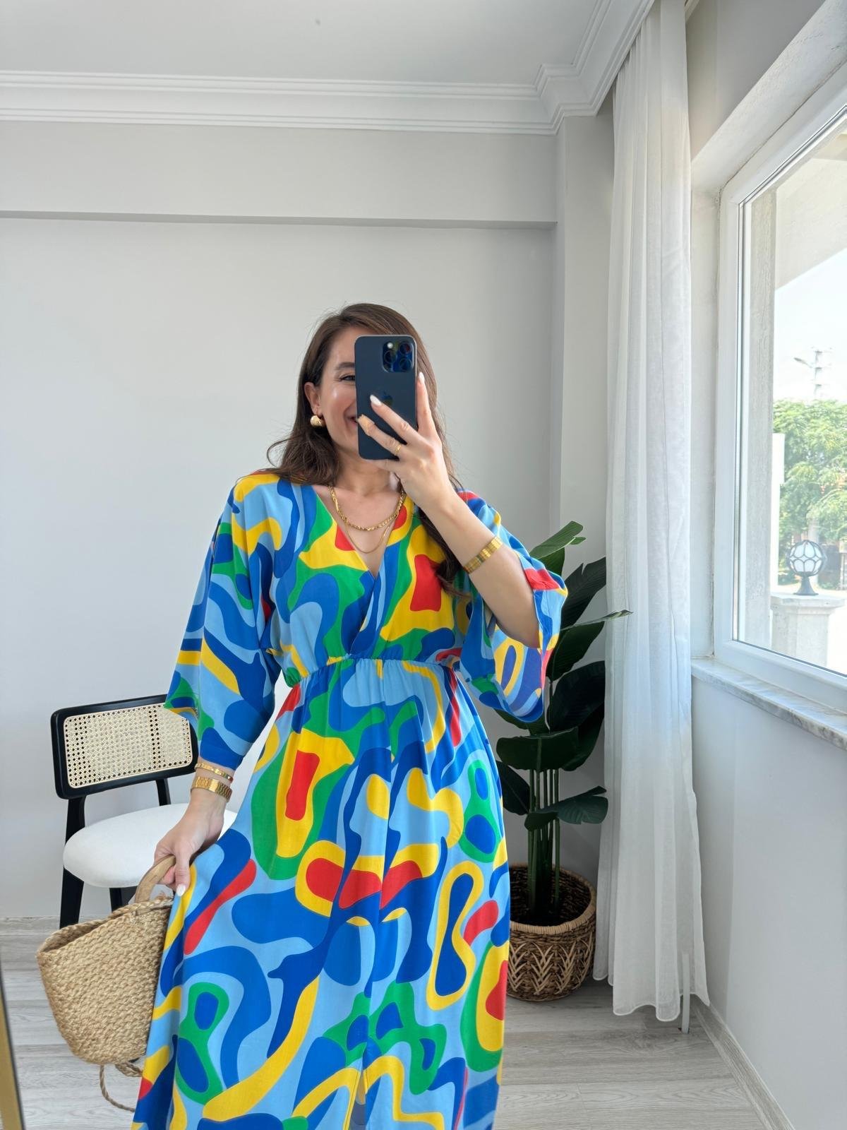 Sarı Desenli Bel Lastikli Yırtmaç Detaylı Elbise 3003
