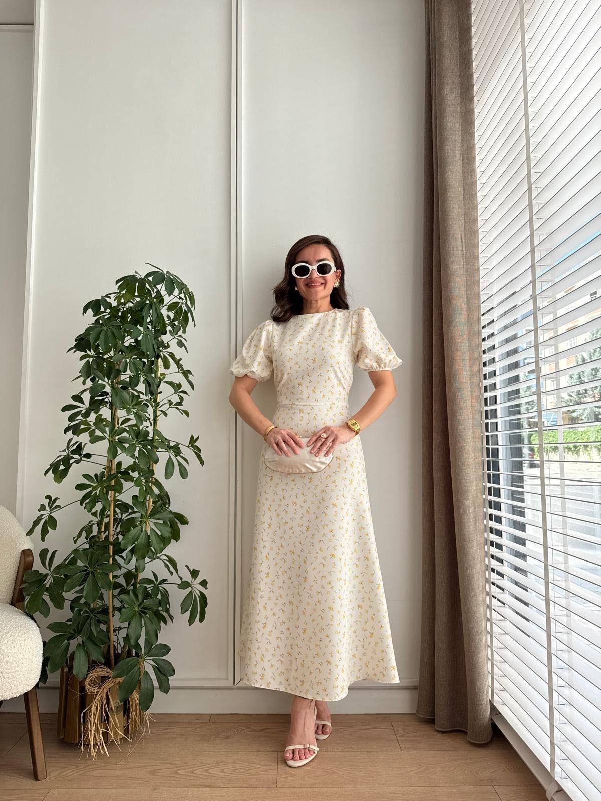 Sarı Dijital Çiçek Baskılı Balon Kol Elbise 8955