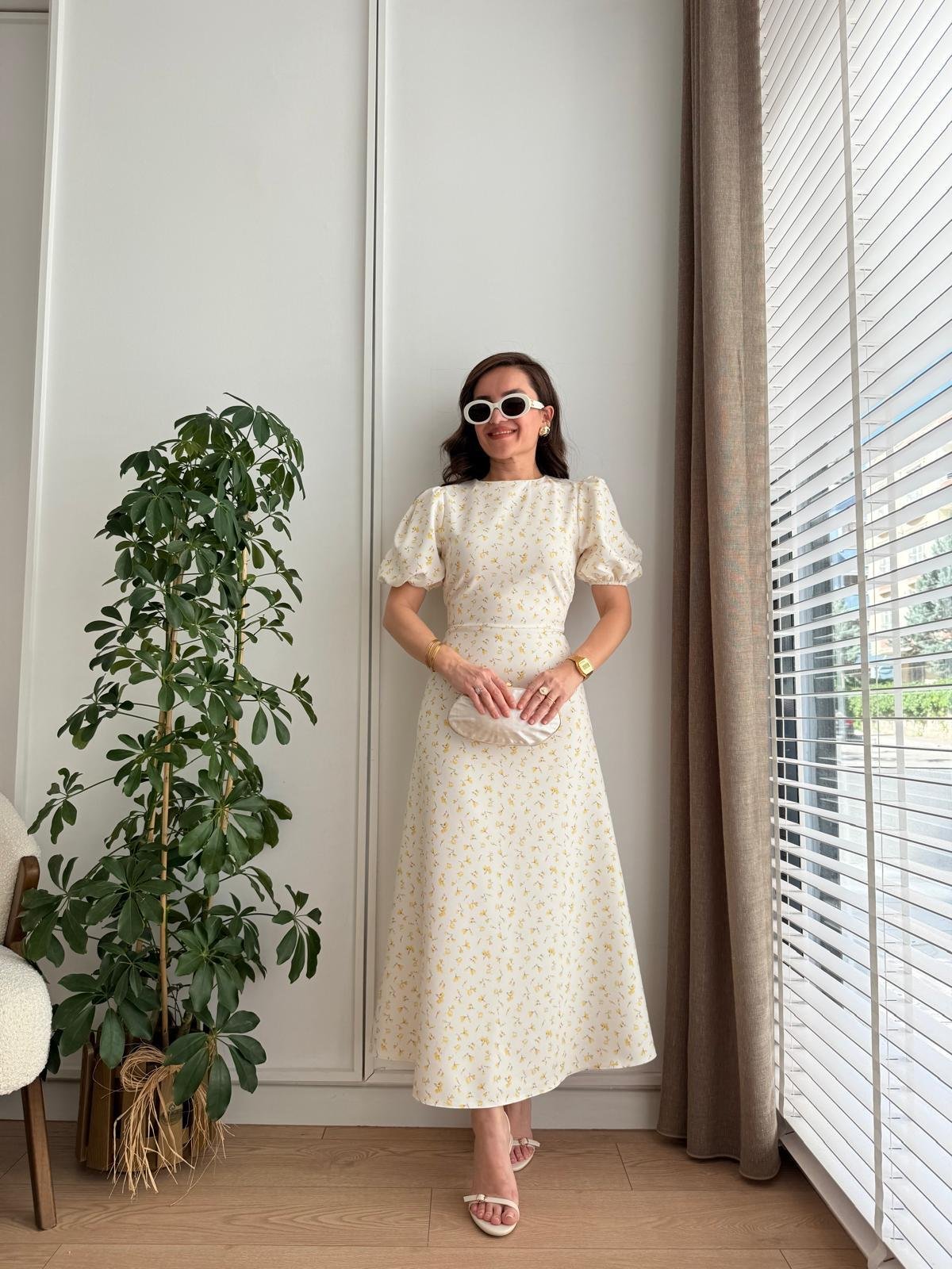 Sarı Dijital Çiçek Baskılı Balon Kol Elbise 8955