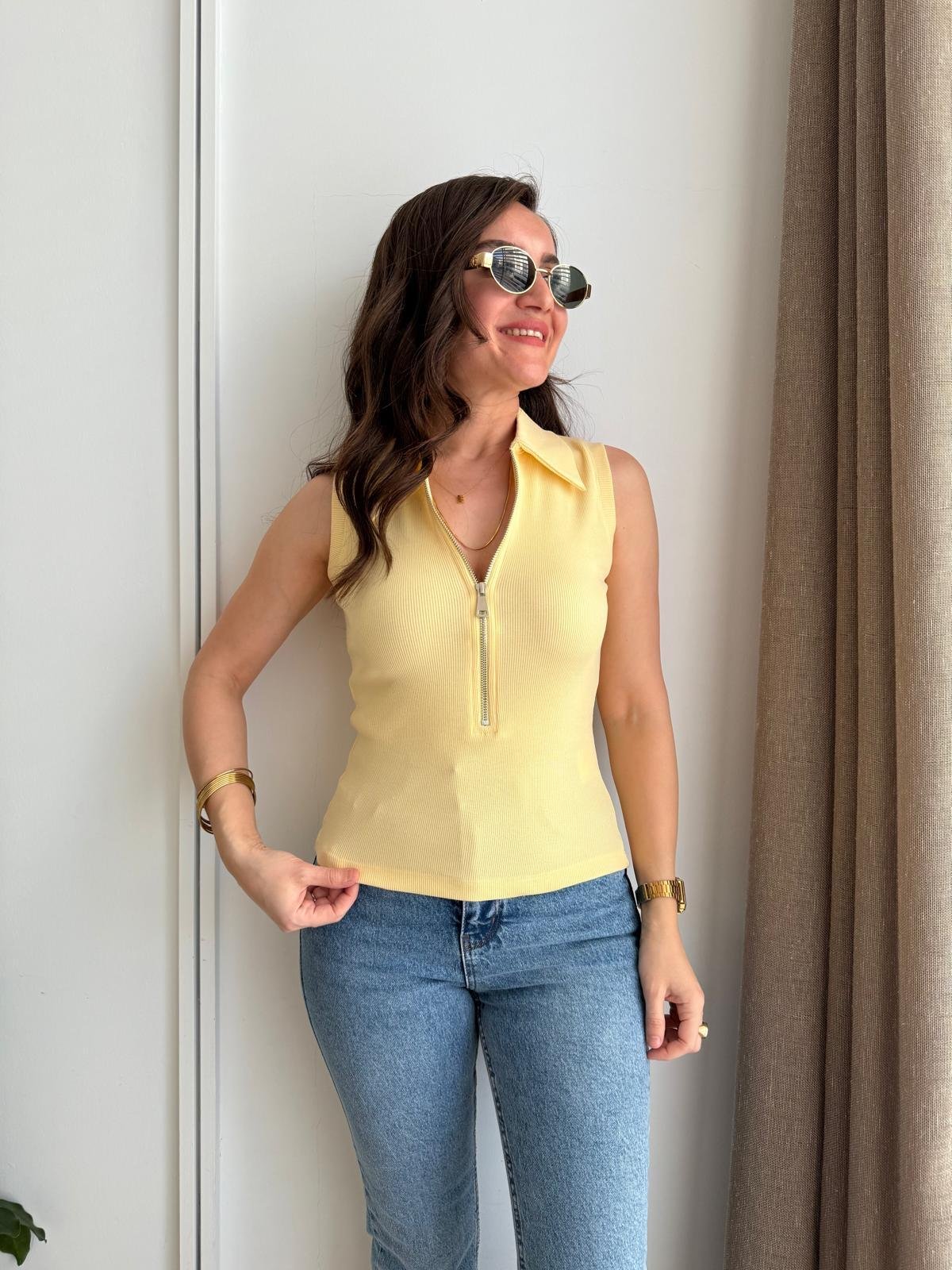 Sarı Fermuarlı Polo Yaka Bluz 251023