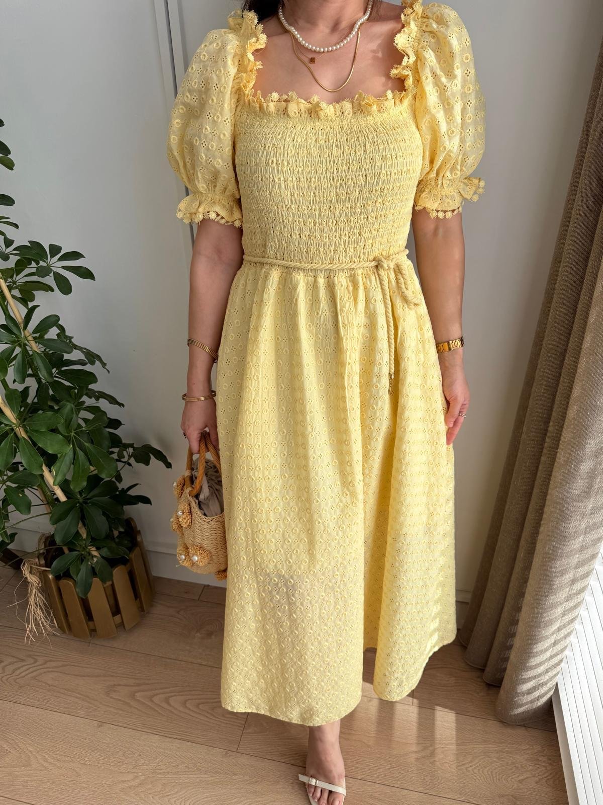 Sarı Gipeli Brode Elbise 8866