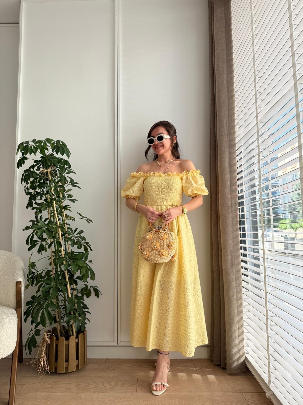 Sarı Gipeli Brode Elbise 8866