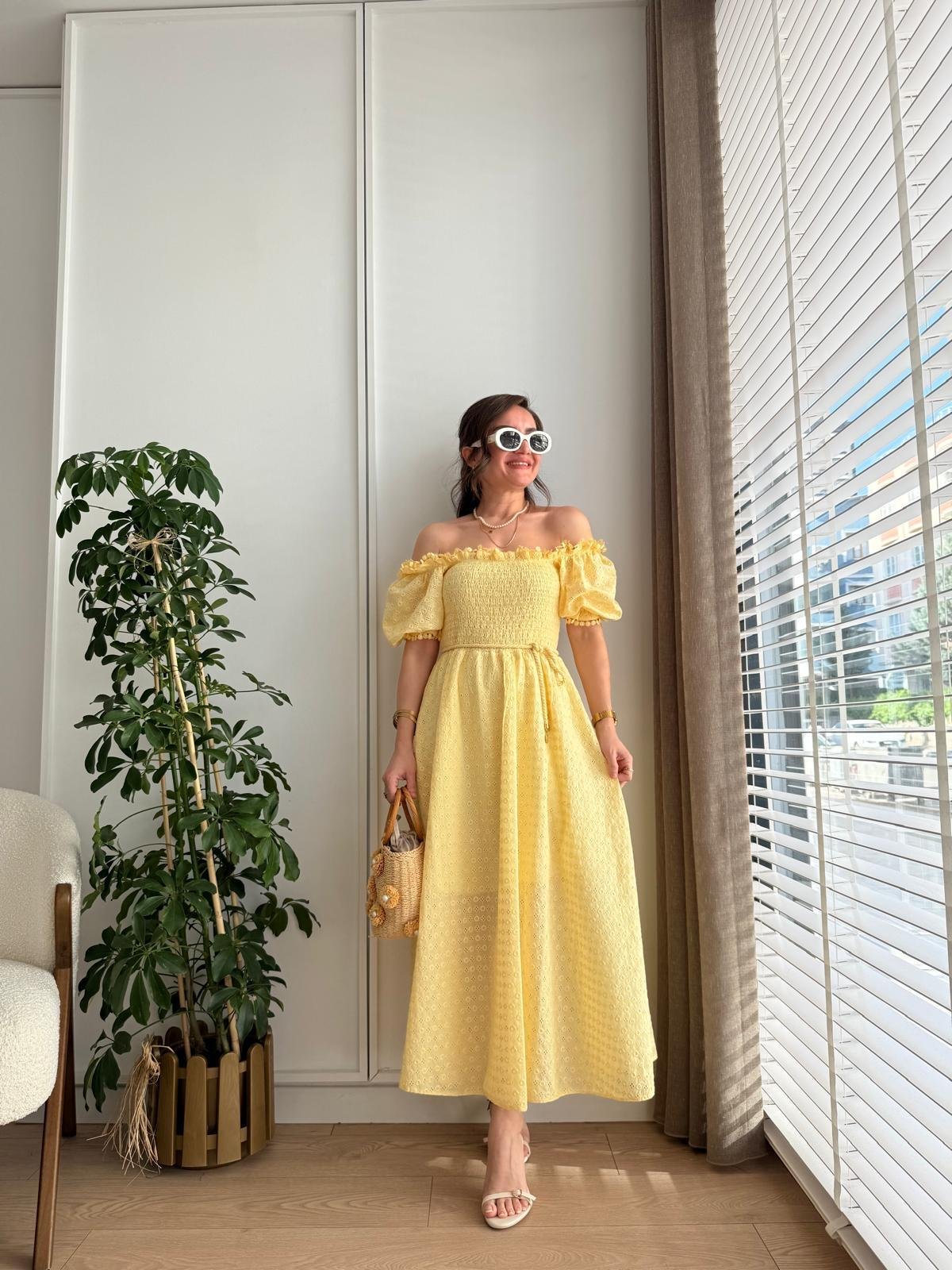 Sarı Gipeli Brode Elbise 8866