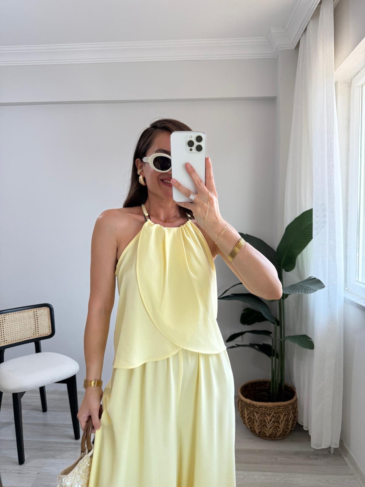 Sarı Göğüs Drape Detaylı Bluz Pantolon Takım 5215
