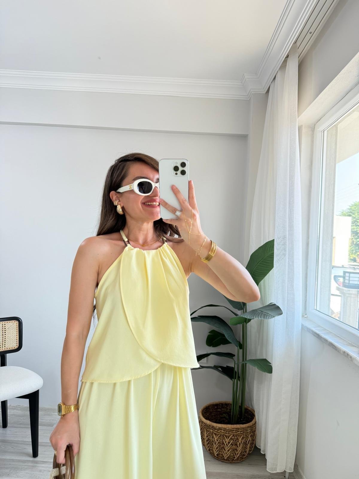 Sarı Göğüs Drape Detaylı Bluz Pantolon Takım 5215
