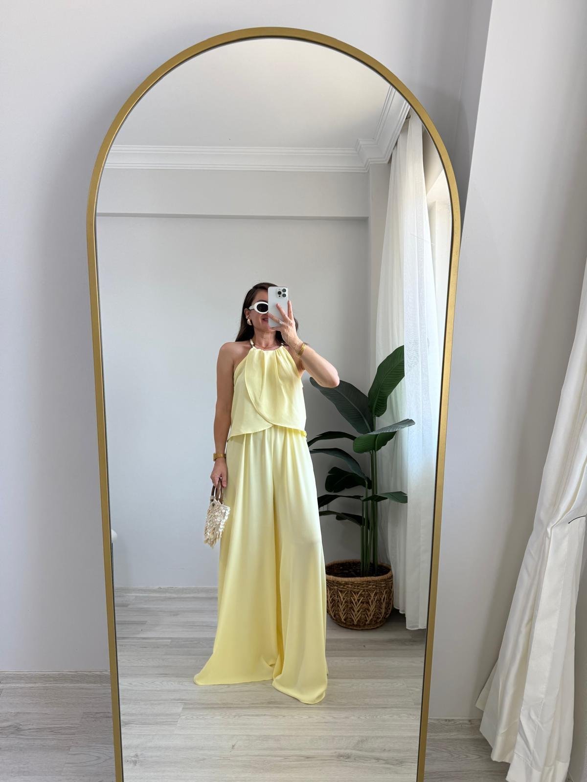 Sarı Göğüs Drape Detaylı Bluz Pantolon Takım 5215