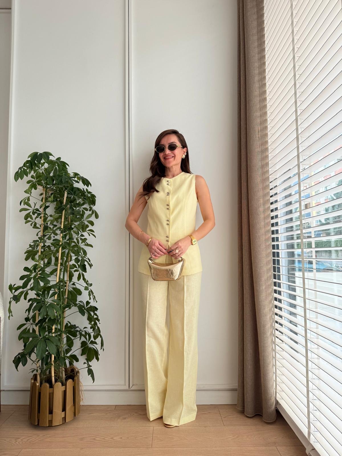 Sarı Gold Düğme Detaylı Yelek Pantolon Takım 9202